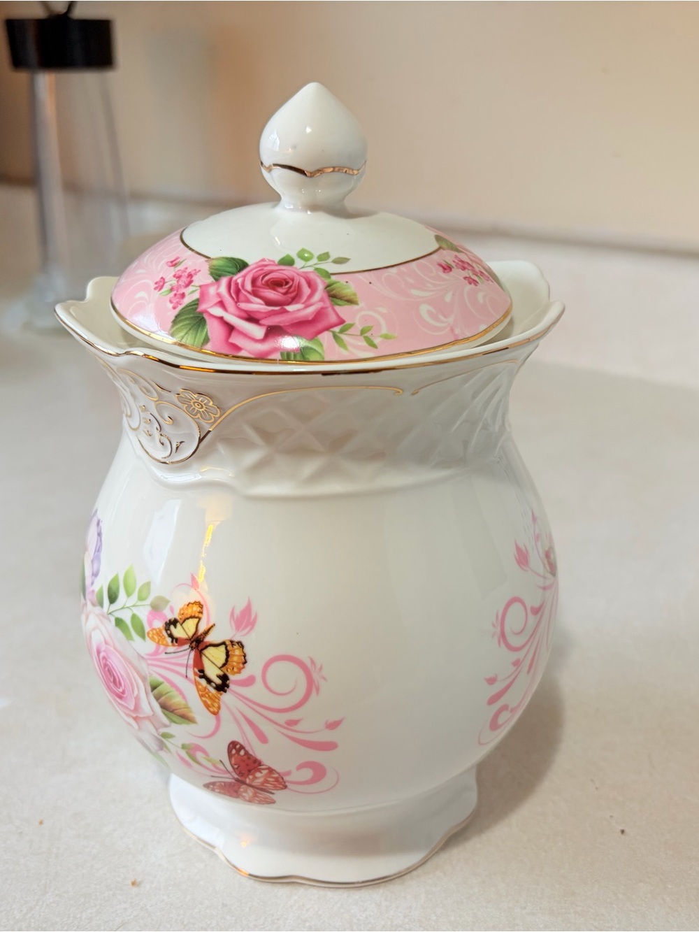 Elegant Pink Rose Porcelain Sugar Jar with Lid